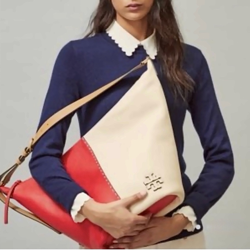 Tory Burch McGraw Colorblock Zip Bucket Bag Brilliant Red New Cream Leather Hobo